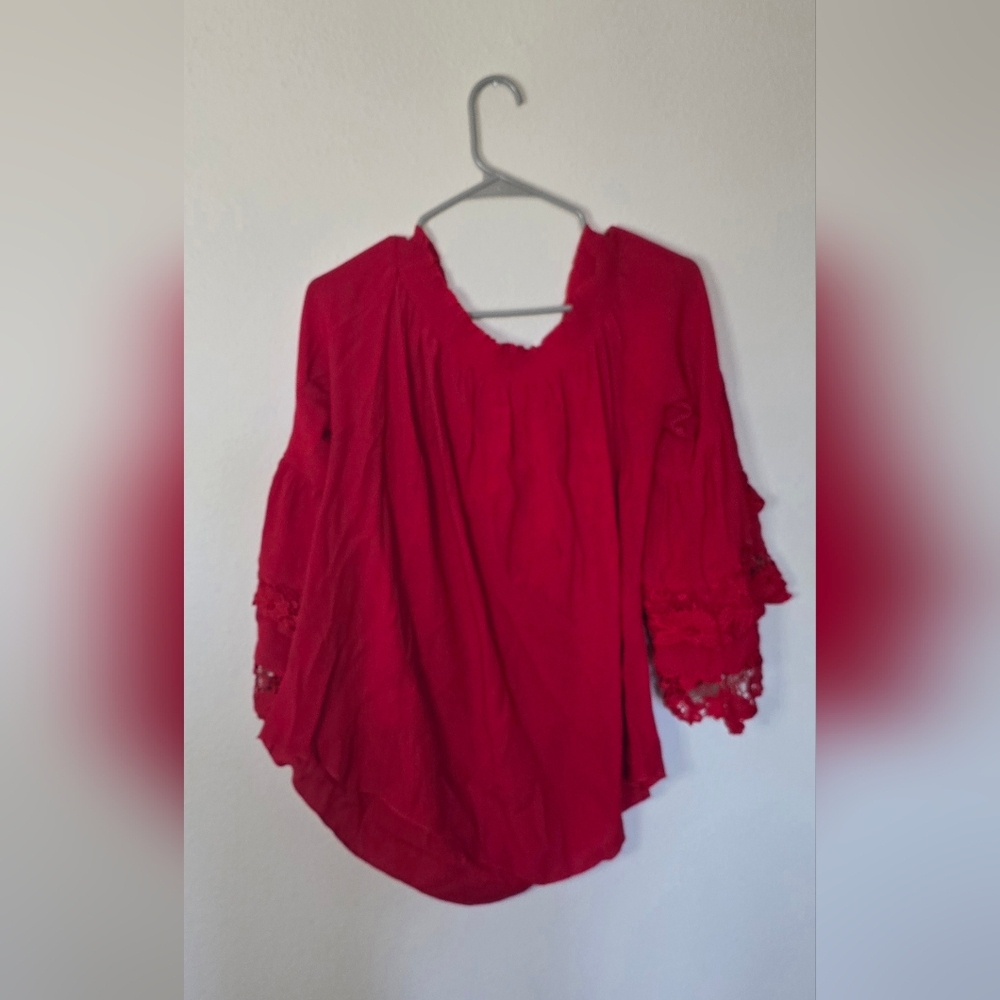 Muche & Muchette Red Boho Lace Bell Sleeve Cottage Festival Peasant Top OS - Picture 4 of 6